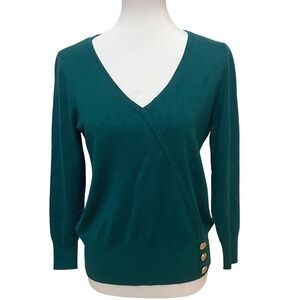 JM Collection Green V-Neck Faux Wrap Sweater Fitted Gold Buttons Petite Small